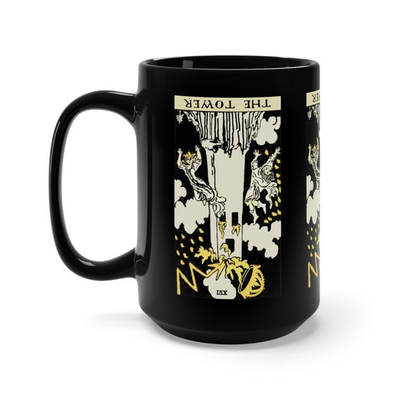 The Tower Reversed, Black 15oz Ceramic Mug, Tarot Card, Major Arcana, From Vintage Rider-Waite Deck