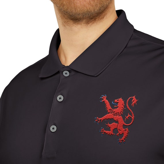 Scottish Lion embroidered on Adidas Polo shirt. Lion Rampant of Scotland from the Royal Banner of Scotland. Scottish pride.