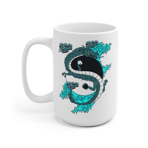 Yin-Yang Dragon Large White Ceramic Mug, Japanese & Chinese Folklore, Coffee, Tea