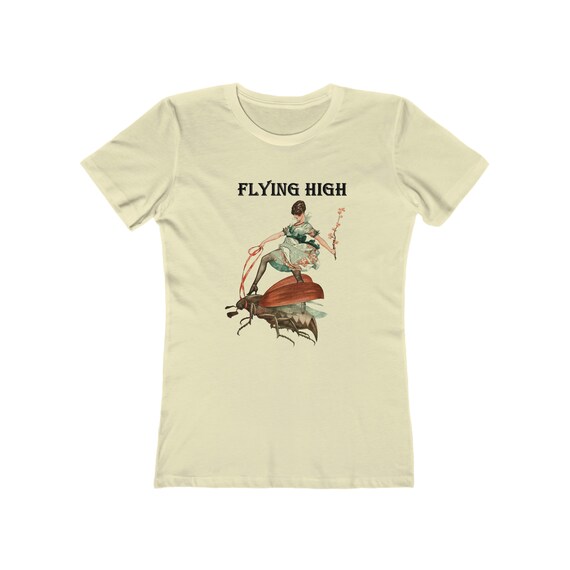 Flying High, Women's Boyfriend Tee, Vintage Illustration, Jazz Age Woman Riding A Large Flying Insect