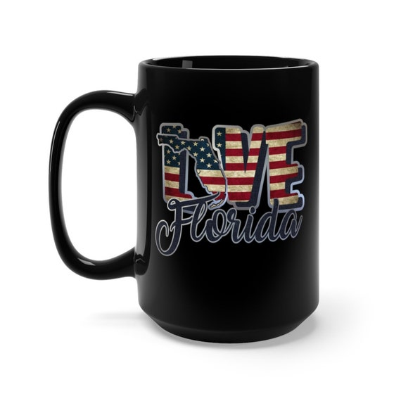 I Love Florida, Large Black Ceramic Mug, Vintage Retro Flag, American Flag, Patriotic, Patriotism, United States, Coffee, Tea