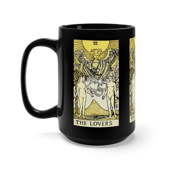 The Lovers, Black 15oz Ceramic Mug, Tarot Card, Major Arcana, From Vintage Rider-Waite Deck, Coffee, Tea