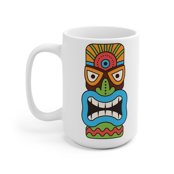 Tiki Mask 15oz White Ceramic Mug, Retro, Vintage, Polynesia