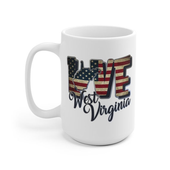 I Love West Virginia, Large White Ceramic Mug, Vintage Retro Flag, Patriotic, Patriotism, United States, Coffee, Tea