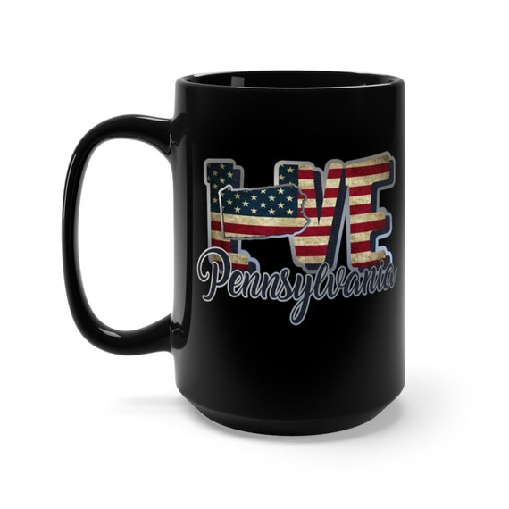 I Love Pennsylvania, Large Black Ceramic Mug, Vintage Retro Flag, Patriotic, Patriotism, United States, Coffee, Tea