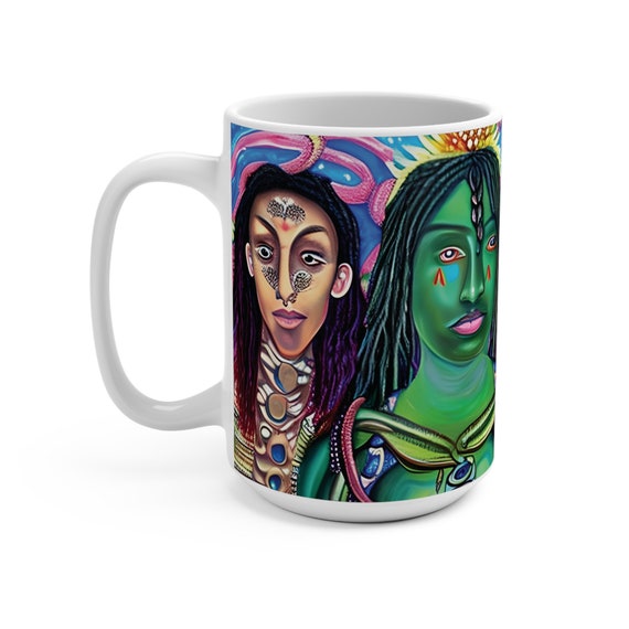 Earth Goddesses Series, #6 of 10, White 15oz Ceramic Mug, Surreal, Tribal, Primitive, Pagan, Animist, Spirit, Spiritual, Colorful