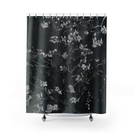 Almond Blossoms On Black Polyester Cloth Shower Curtain, Vincent Van Gogh, 1890