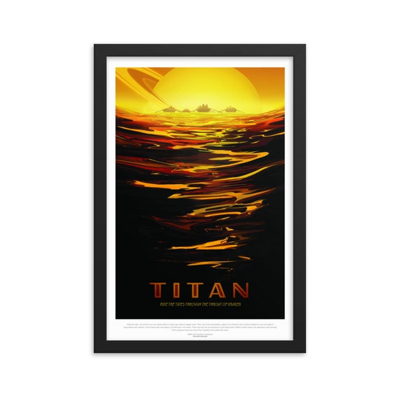 Solar System: Titan, 12" x18" Framed Giclée Poster, Black Wood Frame, Acrylic Covering, Fake Vintage/Retro Style NASA Travel Poster