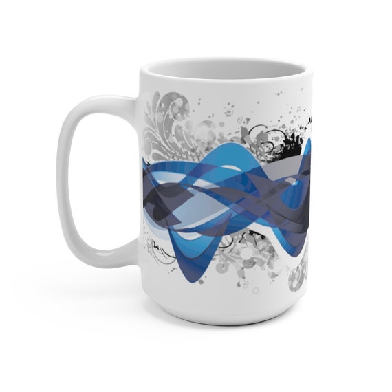 Blue Waveform, White 15oz Ceramic Mug, Abstract, Geometric