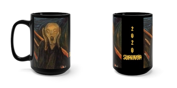 2020 Survivor Large Black Ceramic Mug, The Scream, Edvard Munch, Gold Distressed Font, Coffee, Tea
