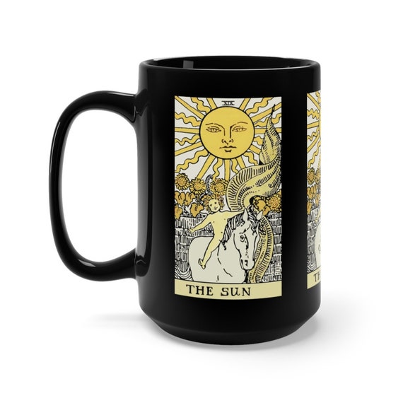 The Sun, Black 15oz Ceramic Mug, Tarot Card, Major Arcana, From Vintage Rider-Waite Deck, Coffee, Tea