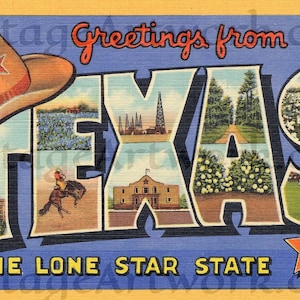 Grüße aus Texas Postkartenfront, digitaler Download, Curt Teich & Co. Verlag, 1938, Americana