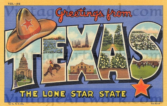 Greetings From Texas Postcard Front, Digital Download, Curt Teich & Co. Publisher,  1938, Americana