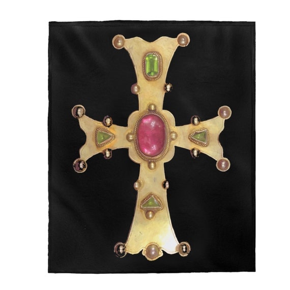 Medieval Gold Cross 50"x60" Velveteen Plush Blanket, 13th Century, High Middle Ages, Christian Religion
