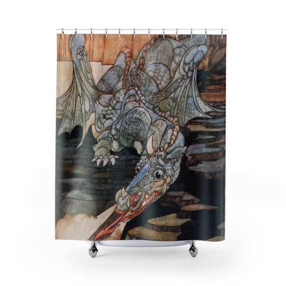 Here Be Dragons, Shower Curtain, Vintage Art Nouveau Illustration, Robinson, 1909