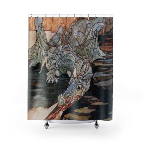 Here Be Dragons, Shower Curtain, Vintage Art Nouveau Illustration, Robinson, 1909