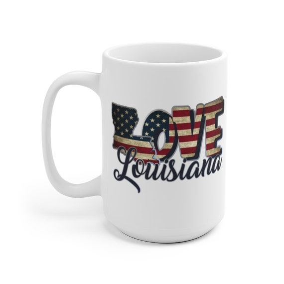 I Love Louisiana, Large White Ceramic Mug, Vintage Retro Flag, Patriotic, Patriotism, United States, Coffee, Tea