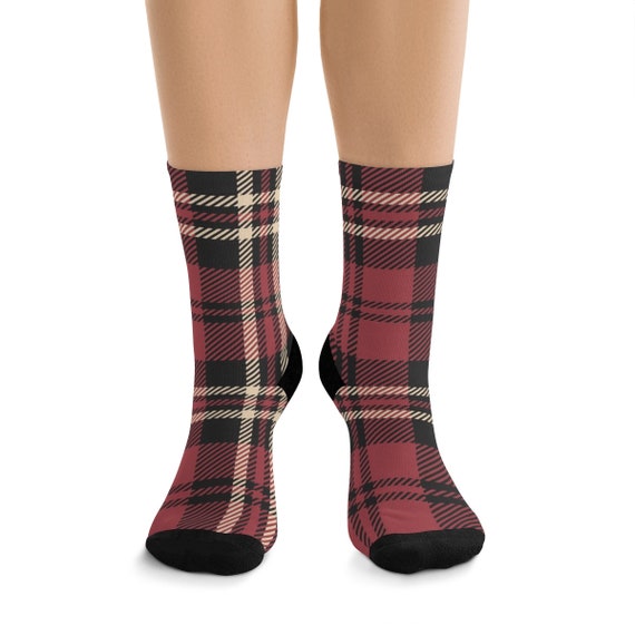 Muted Red & Black Plaid Premium Crew Socks, One Size Fits Most