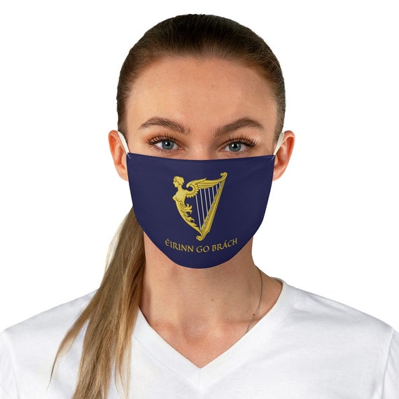 Eirinn Go Brach, Cloth Face Mask, Washable, Reusable, Blue Harp Flag, Coat Of Arms, Irish Pride