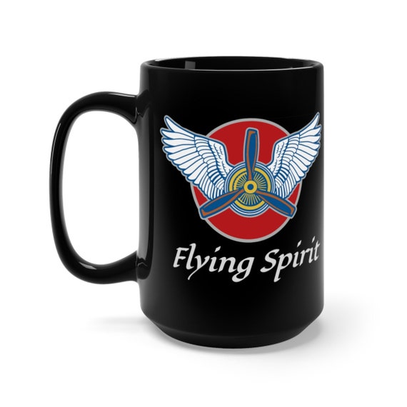 Flying Spirit, Black 15oz Ceramic Mug, Vintage Inspired Airplane Engine & Propeller With Bird Wings, Coffee, Tea