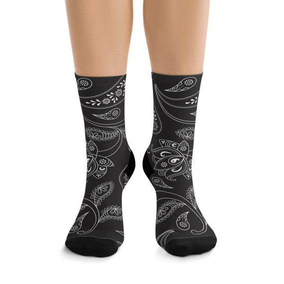 Black & White Paisley Premium Crew Socks, One Size Fits Most