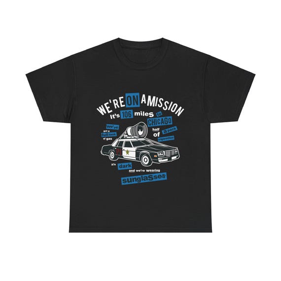Blues Brothers On A Mission, Unisex Heavy Cotton T-shirt, Bluesmobile, Belushi, Aykroyd