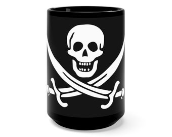 Skull & Crossed Cutlasses, Black 15oz Ceramic Mug, Pirate Flag, Jolly Roger, Café, Thé