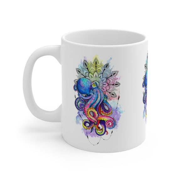 Colorful Octopus White Ceramic Mug, Watercolor, Flower Mandala, Coffee, Tea