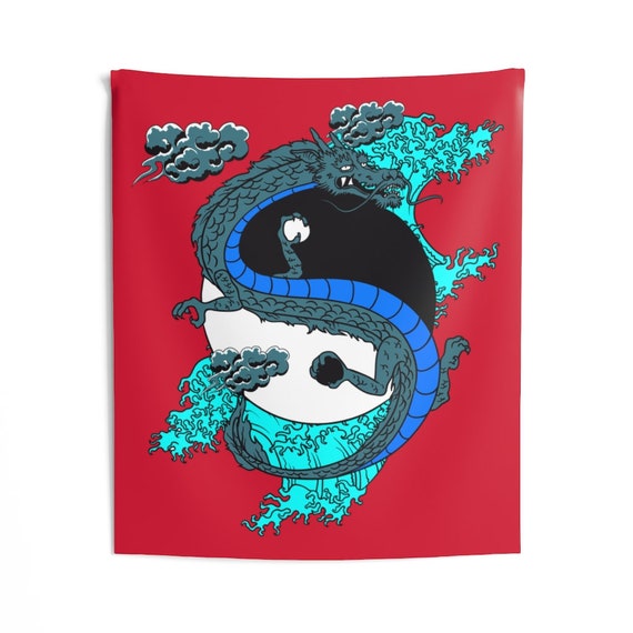 Yin-Yang Dragon Indoor Wall Tapestry, Vintage Retro Style Design, Japanese & Chinese Folklore, Room Decor