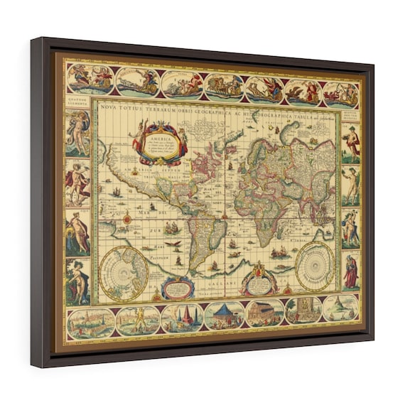 17th Century World Map, 24"x18" Framed Canvas Print, Willem Blaeu, Circa 1635, Room Decor