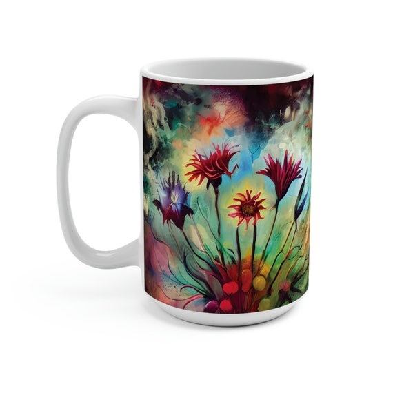 Dramatic Bouquet, Large White Ceramic Mug, Colorful Floral Arrangement