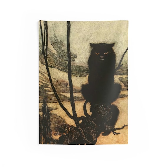 Black Cat, Indoor Wall Tapestry, Halloween Sign, Vintage Illustration, Arthur Rackham, 1920, Wall Decor, Room Decor