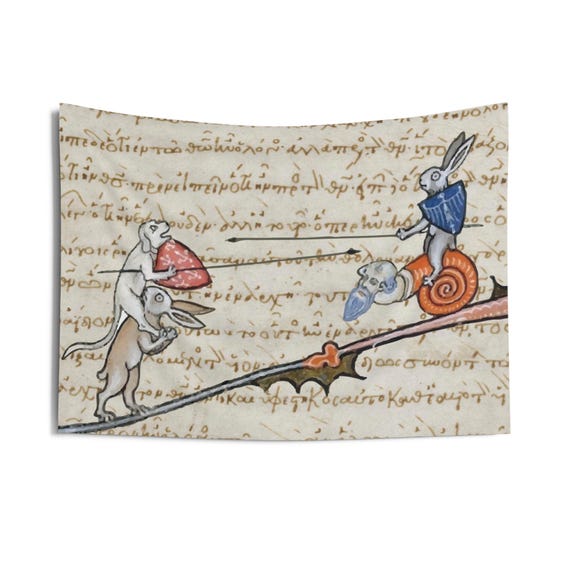 Medieval Jousting Rabbit, 36"x26" Tapestry, Marginalia From Medieval Manuscript, Historical