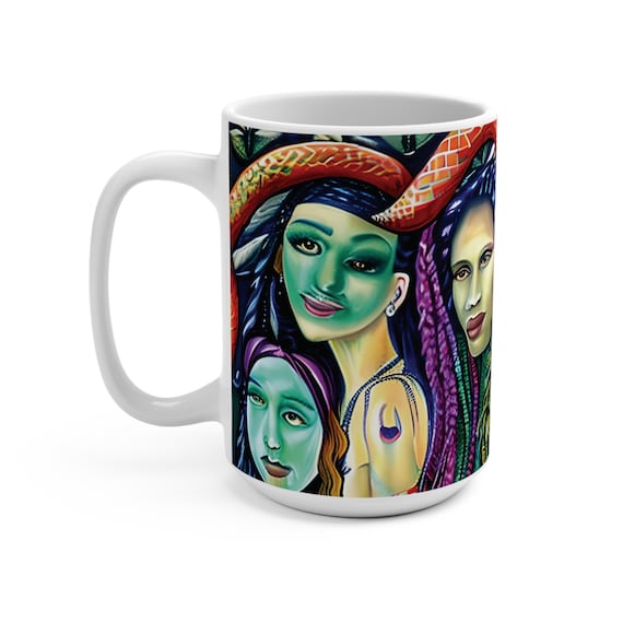 Earth Goddesses Series, #9 of 10, White 15oz Ceramic Mug, Surreal, Tribal, Primitive, Pagan, Animist, Spirit, Spiritual, Colorful