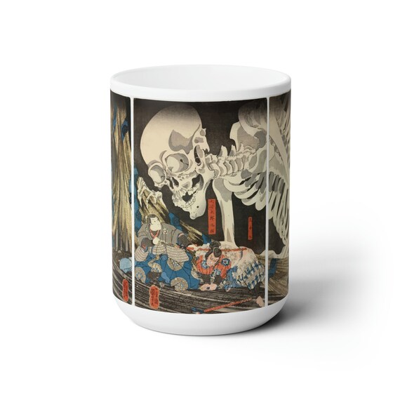 The Witch And The Skeleton Specter, White 15oz Ceramic Mug, Vintage Japanese Woodcut