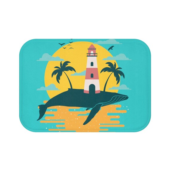 Turquoise Whale Island, Bath Mat, Vintage Inspired Image, Lighthouse, Gulls, Palm Trees