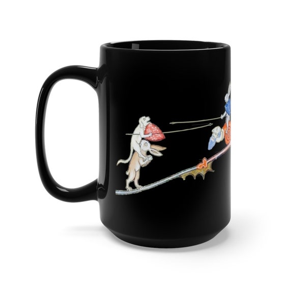 Medieval Jousting Rabbit Black 15oz Ceramic Mug, From Medieval Manuscript, Marginalia, Coffee, Tea