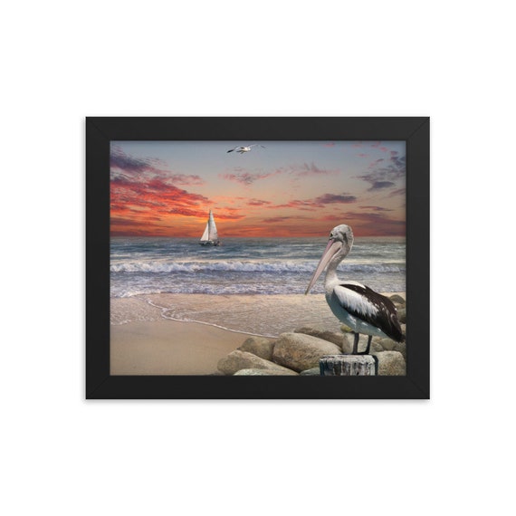 Pelican Sunset, 10" x 8" Framed Giclée Poster, Black Wood Frame, Acrylic Covering, Sailboat, Beach, Ocean, Room Decor