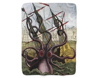 Op de afbeelding: Een vintage illustratie van een gigantische octopus die een zeilschip aanvalt. De octopus is donkerpaars van kleur met grote, rode ogen. Het schip is een geel en bruin houten schip met witte zeilen.
