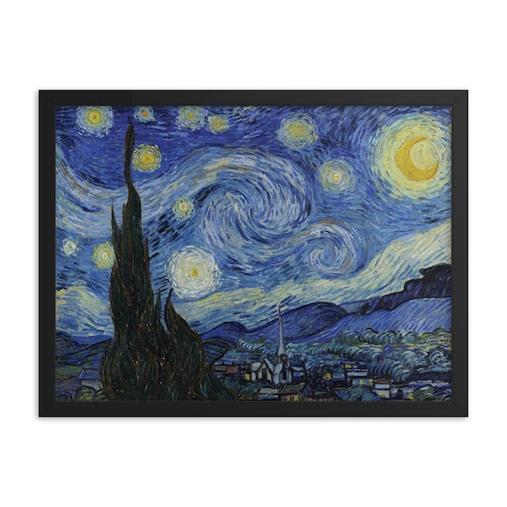 The Starry Night, 24"x18" Framed Giclée Poster, Black Wood Frame, Acrylic Covering, Vincent Van Gogh, Room Decor