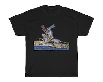 Medieval Rabbit Riding A War Dog T-shirt, Dark Colors, From Medieval Manuscript, Marginalia