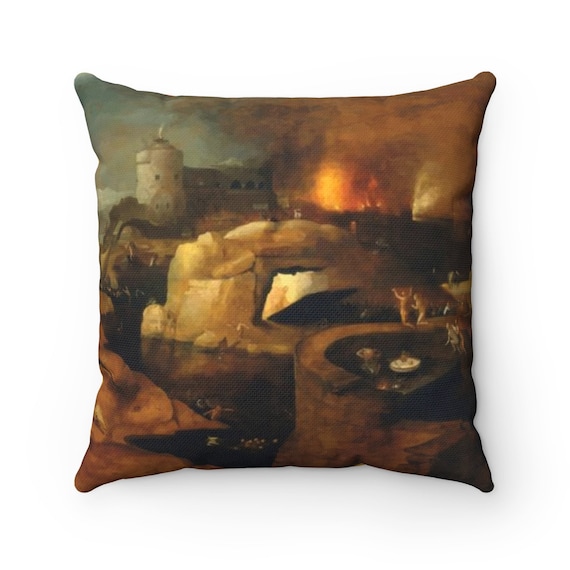 Descent Into Hell v2, Spun Polyester Square Pillow, Painting By Follower Of Hieronymus Bosch, Circa 1550