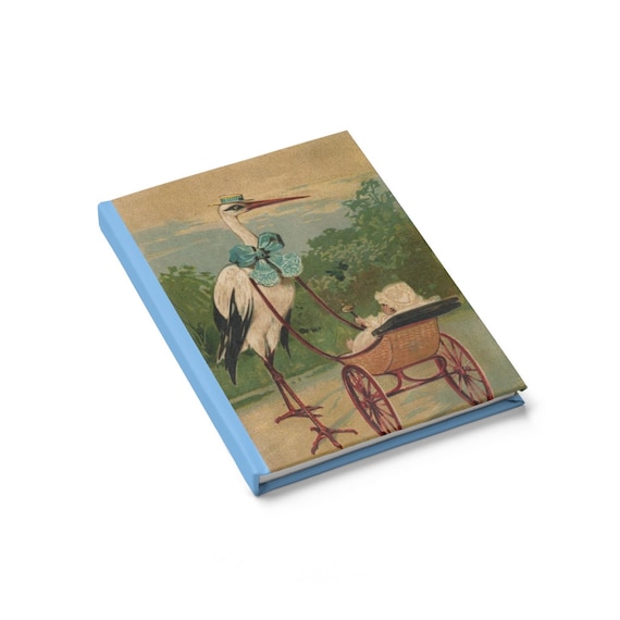 Baby & Stork, Blue Hardcover Journal, Ruled Line, Vintage Illustration, Pregnancy, Baby Shower, Notebook