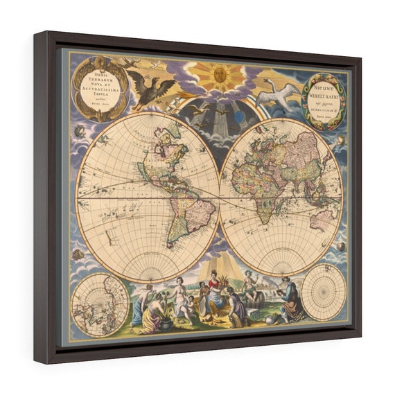 17th Century World Map, 20"x16" Framed Canvas Print, Pieter Goos, Circa 1669, Room Decor