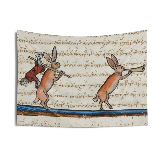 Medieval Hunter Rabbit, 36"x26" Tapestry, Marginalia From Medieval Manuscript, Historical