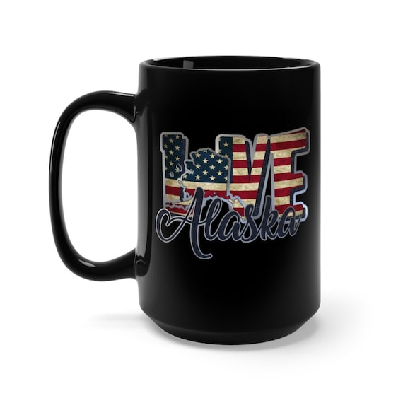I Love Alaska, Large Black Ceramic Mug, Vintage Retro Flag, American Flag, Patriotic, Patriotism, United States, Coffee, Tea