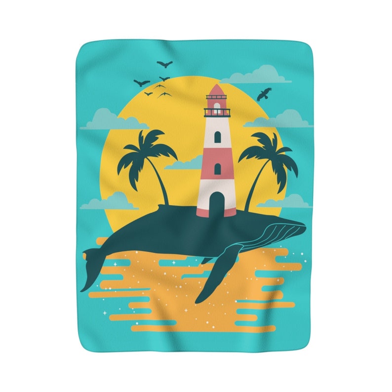 Lighthouse Sherpa Fleece Blanket Gulls Turquoise Whale Island Palm Trees Vintage Inspired Image