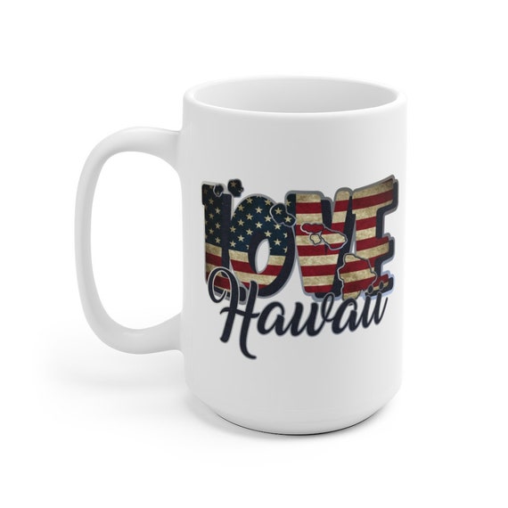 I Love Hawaii, Large White Ceramic Mug, Vintage Retro Flag, Patriotic, Patriotism, United States, Coffee, Tea