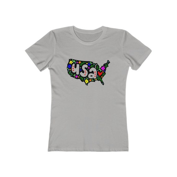 USA Flower Map Women's Boyfriend Tee, I Love USA, Patriotic, Patriotism