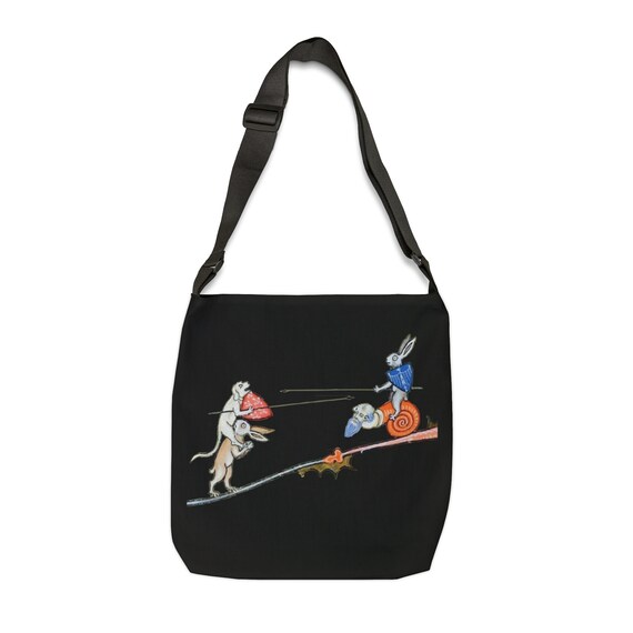 Medieval Jousting Rabbit Tote Bag, Adjustable Strap, From A Medieval Manuscript, Killer Rabbit Marginalia